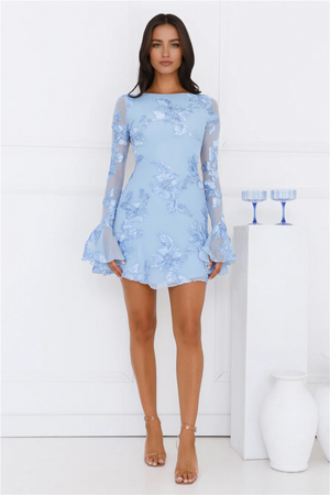 Long Sleeve Mesh Mini Dress Blue