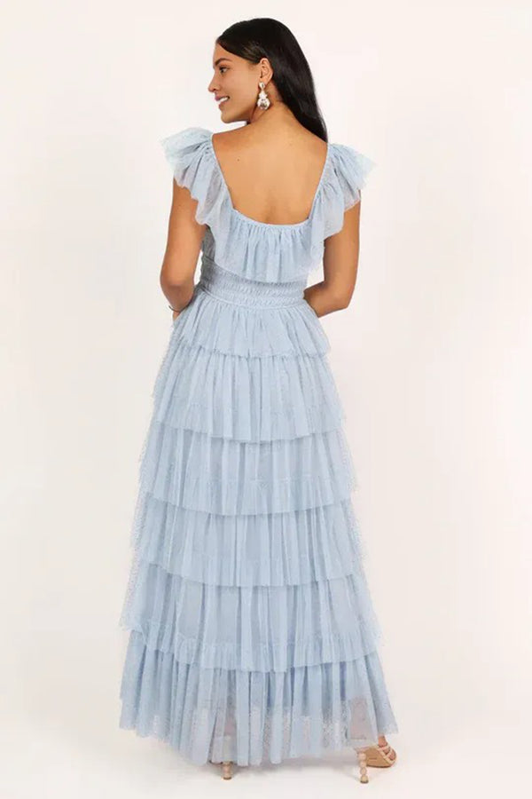 Tulle ruffles Maxi Dress Blue