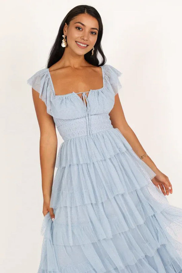 Tulle ruffles Maxi Dress Blue