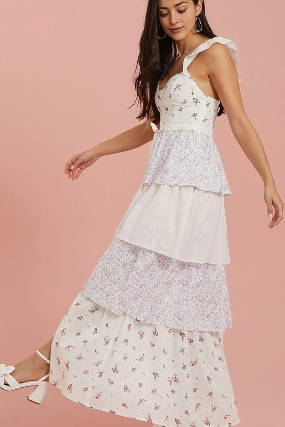 Sweetheart Neck Floral Print Patchwork Layered Maxi Dresses White