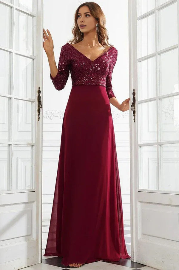 Sexy V Neck A-Line Sequin Evening Maxi Dresses