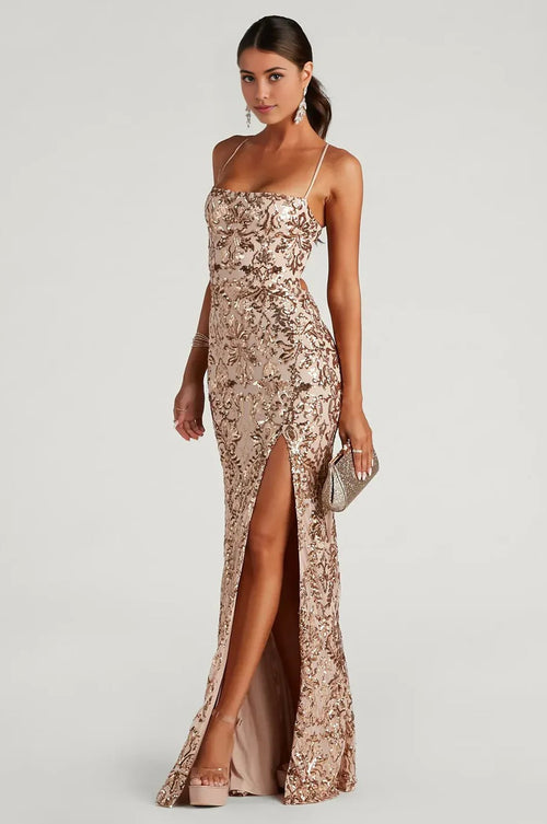 Formal Sequin Mermaid Maxi Dress Gold