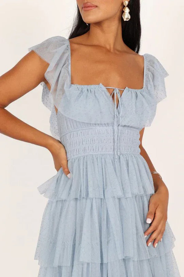 Tulle ruffles Maxi Dress Blue
