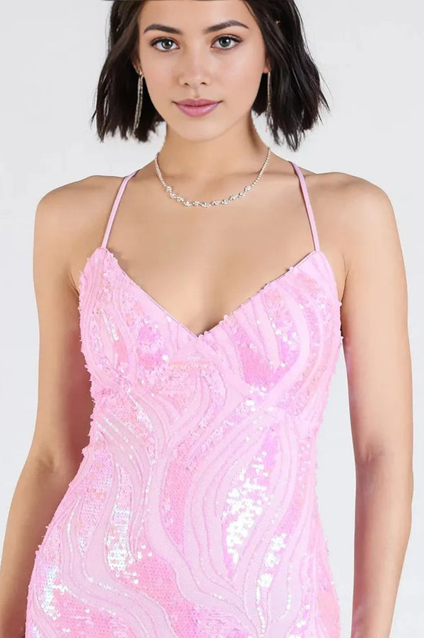 Iridescent Sequin Lace-Up Formal Maxi Dress