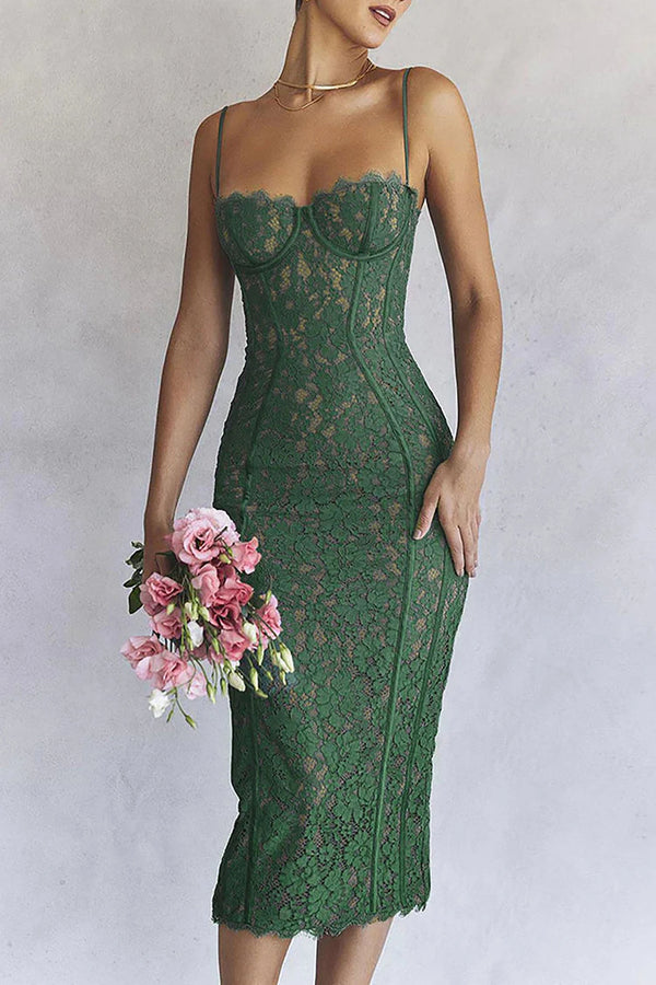 Vintage Eyelash Sweetheart Bodycon Lace Cocktail Midi Dress